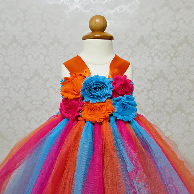 Длинное платье-пачка цвета радуги платье с фатиновой юбкой «кроше» для маленьких девочек бальное платье с потертыми цветами, детские костюмы для свадебной вечеринки, платье