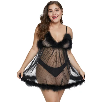 

2019 New Black Marabou Cup Dotted Pattern Women Erotica Plus Size Sexy Lingerie See-Through Pattern Babydoll Nightgown