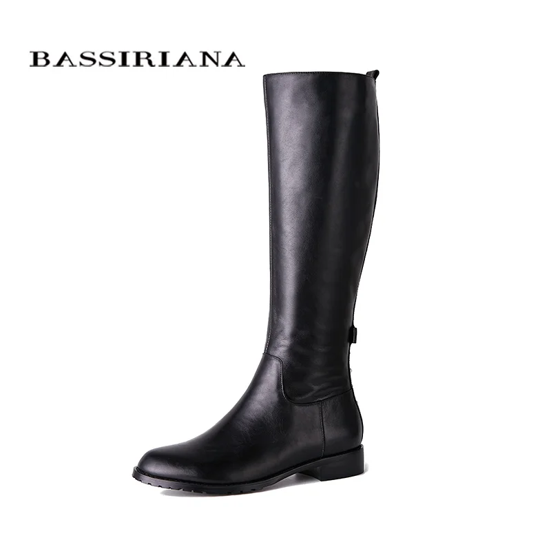

BASSIRIANA New 2018 genuine leather high boots shoes woman square heels round toe zip with Pearl and rivet black 35-40 size