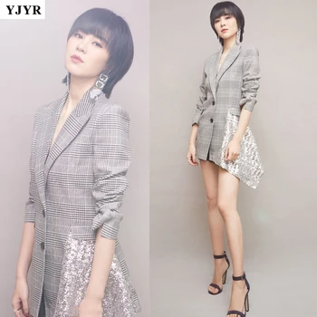 

2019 Brand New Women Casual Plaid Blazers Medium Long Sequins Patchwork Blazer Coat Female Single Breasted Jacket Y243