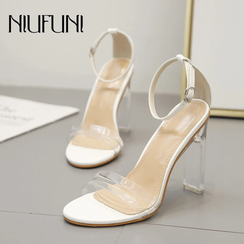 

Fashion Transparent Peep Toe Women Sandals 2019 Summer New Sexy Belt Buckle High Heels White Simple Crystal With Women's Shoes