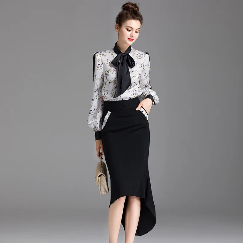 

2 Piece Set Women Suit Plus Size 2017 Autumn New Fashion Printing Hit Color Shirt Crop Top + Package Hip Skirt Two Piece Set