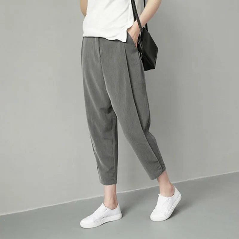 

Summer Autumn Pockets Loose Solid Color Harem Ankle-Length Pants Women Elastic Waist Casual Trousers Plus Size 4XL