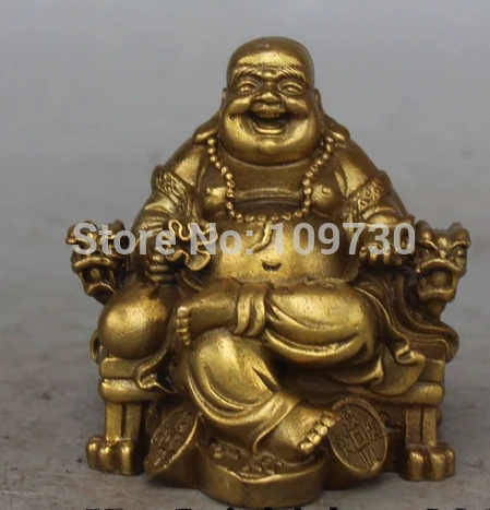 

002390 Chinese Bronze FengShui Wealth Happy Laugh Maitreya Buddha Dragon Chair Statue
