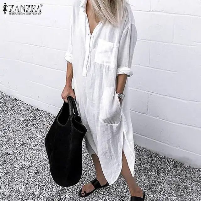 US $14.03 2020 ZANZEA Women Long Shirts Dress Office Lady Work Dresses Casual Solid Lapel Vestidos Cotton Tun