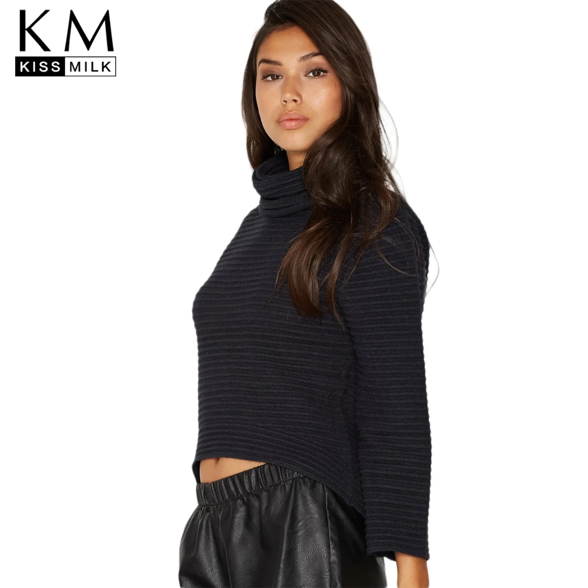 kissmilk 2017Plus Size Solid Black Turtleneck  Women Sweaters  High-low Full Sleeve Knitted Female Short Big Size Pullovers Lady