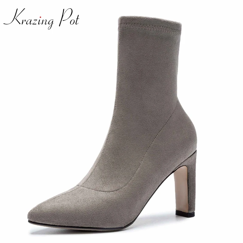 

Krazing Pot 2018 velvet mature women concise simple pointed toe high heel stretch boots high quality bigger size ankle boots L63