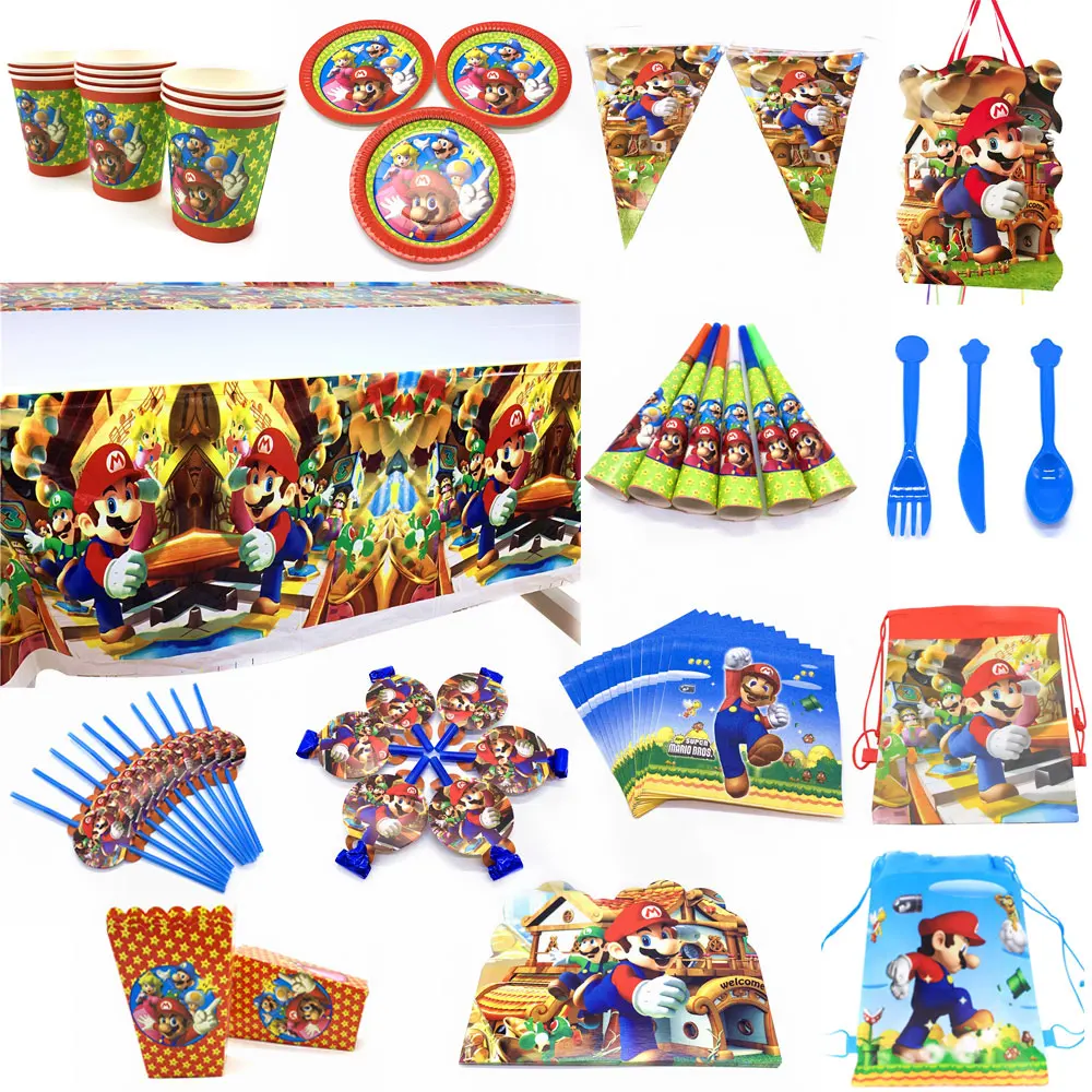 

Super Mario Theme Disposable Plates Cups Napkins Mario Bros Game Party Decorations Candy Boxes Blowouts Banners Party Supplie