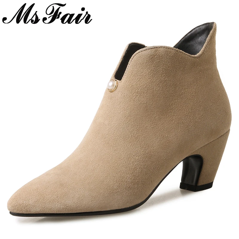 

MSFAIR Pointed Toe Square heel Women Boot Crystal Mid Heel Ankle Boot Women Shoes Casual Fashion Zipper Mature Woman Ankle Boot