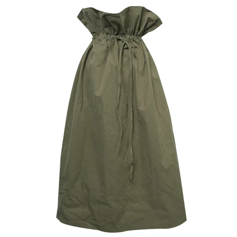 

[EWQ] 2019 New Pattern Pure Cotton Green Wide Long Skirts Ruffles High Waist Lace-up Pleated Women Fashion Korea Bottoms WA