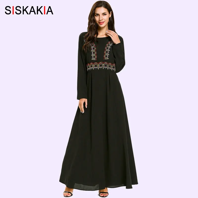 

Siskakia Vintage Ethnic Geometric Embroidered Maxi Dress Black Round Neck Long Sleeve Swing Arabian Dresses Fall 2019 Plus Size