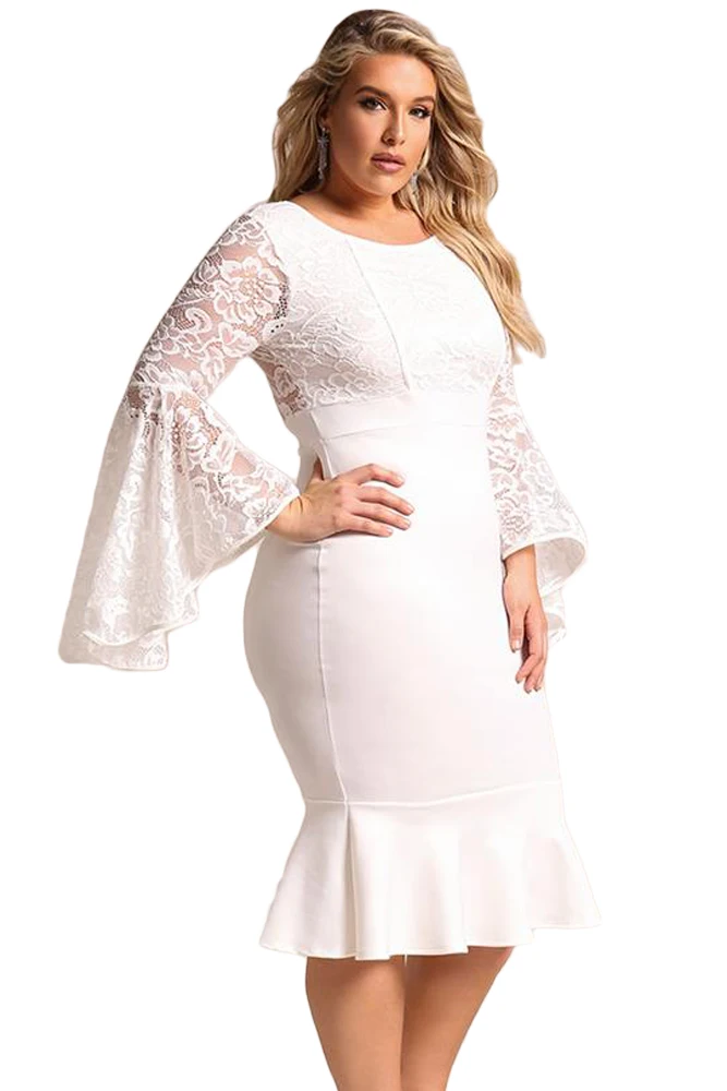 White-Plus-Size-Lace-Bell-Sleeve-Mermaid-Bodycon-Dress-LC61875-1-3