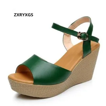 

2019 Open Toe Genuine Leather Shoes Summer Women Sandals Thin and Simple Platform Wedges Sandals Casual Shoes High Heel Sandals
