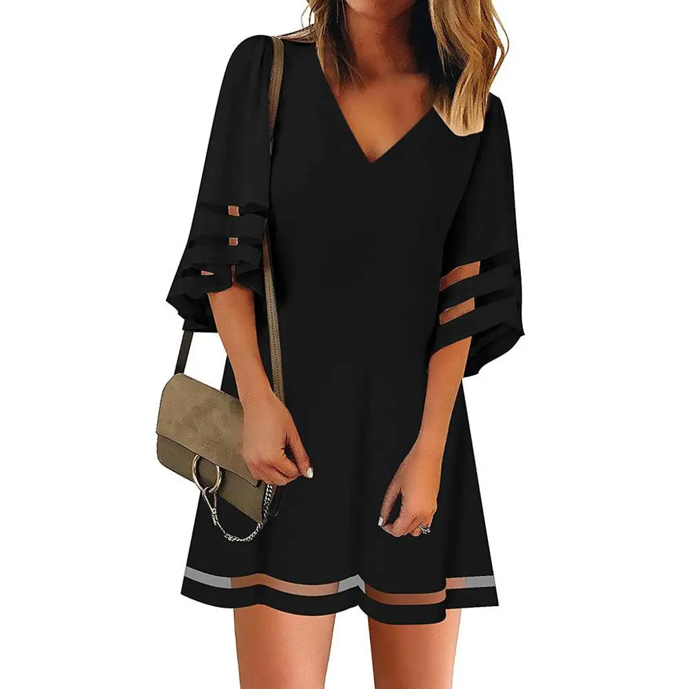 

Women's V Neck Mesh Panel Blouse 3/4 Bell Sleeve Loose Top Shirt Dress