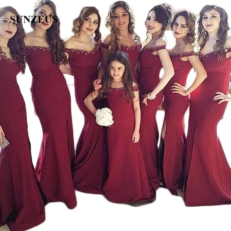 Burgundy Satin Bridesmaid Dresses Sheath Sweetheart Off Shoulder Burgundy Satin Bridesmaid Dresses Sheath Sweetheart Off Shoulder Sequins Beaded Formal Front Leg Split Party Dress