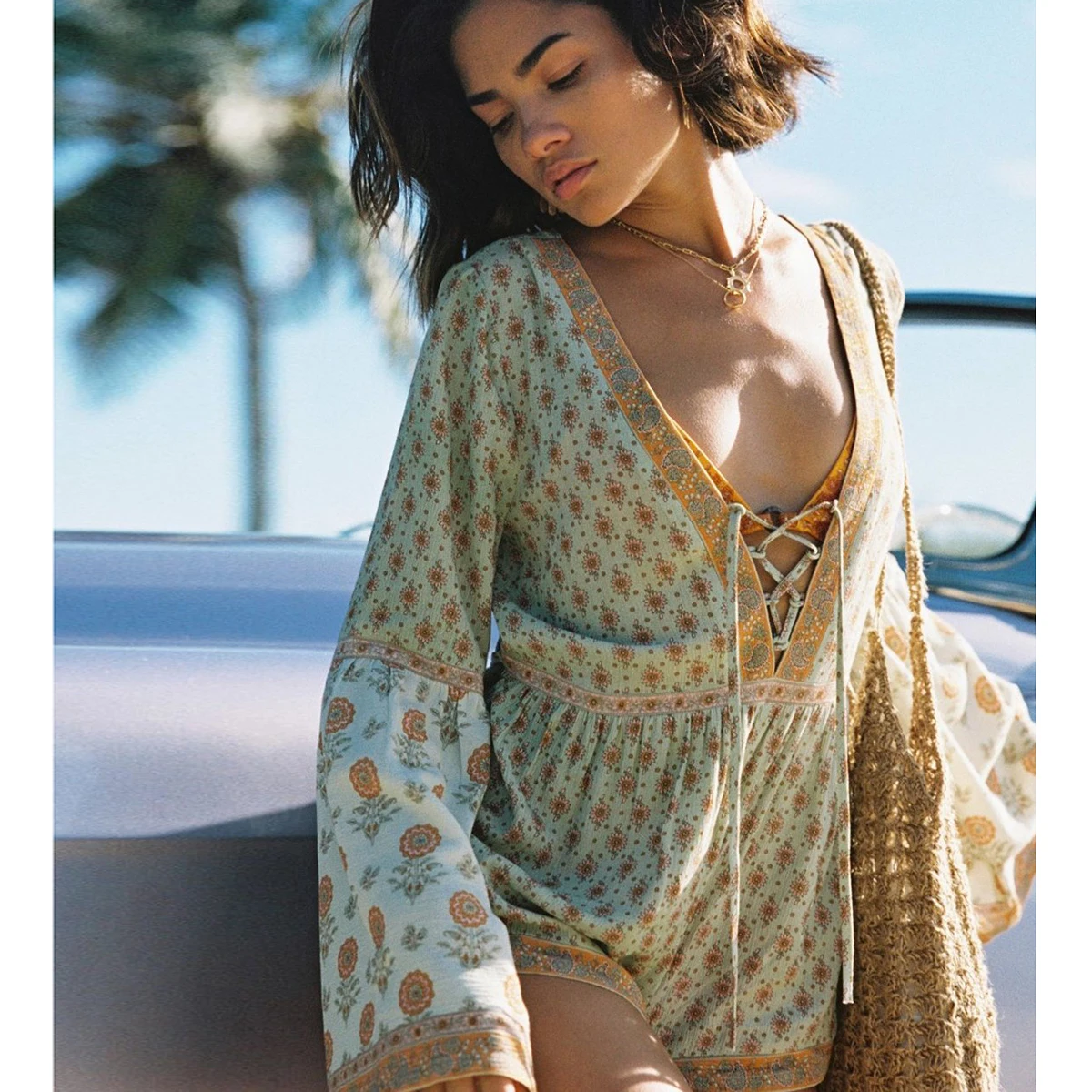 

Jastie Long Sleeve V Neck Playsuit Women Sunflower Print Jumpsuit Spring Summer Rompers Female Overalls Beach Boho Playsuits