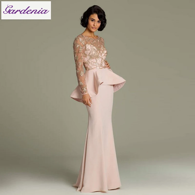 Special Peplum Long Sleeve Evening Dress Latest Design Nude Prom Dress