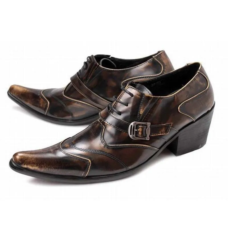 men luxury genuine leather vintage high heels fashion buckle pointed