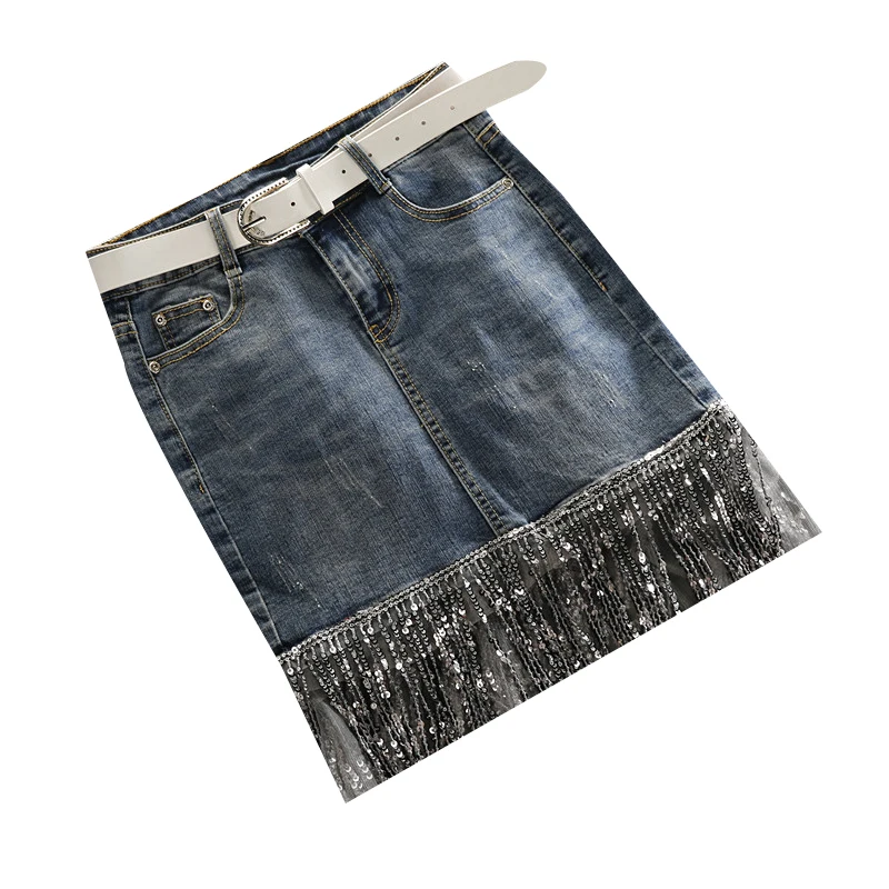 Джинсовая юбка женская летняя мода с блестками и кисточками Высокая талия Сексуальная бедра юбка Весенняя Новая эластичная юбка H290