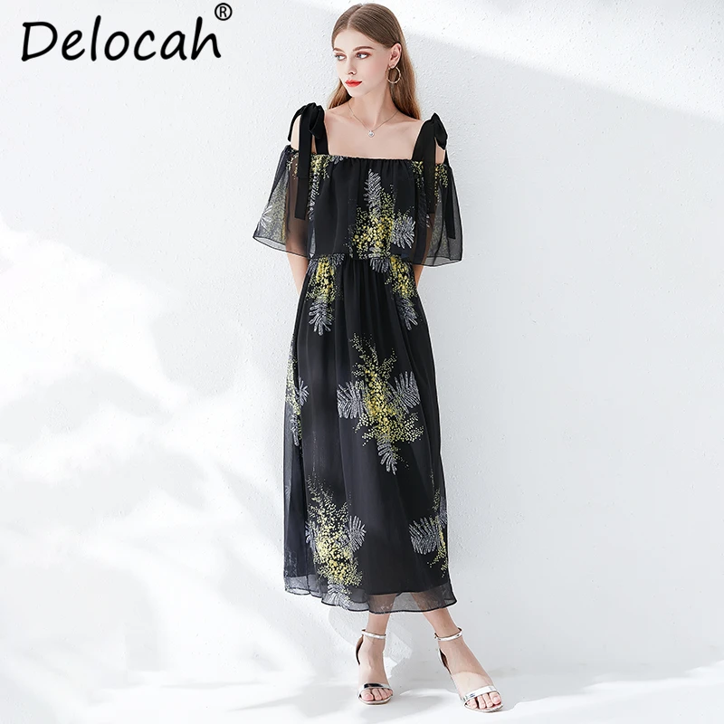 Delocah Women Summer Spaghetti Strap Dress Runway Fashion Designer Sexy Backless Floral Print Mesh Overlay Vintage Long Dress