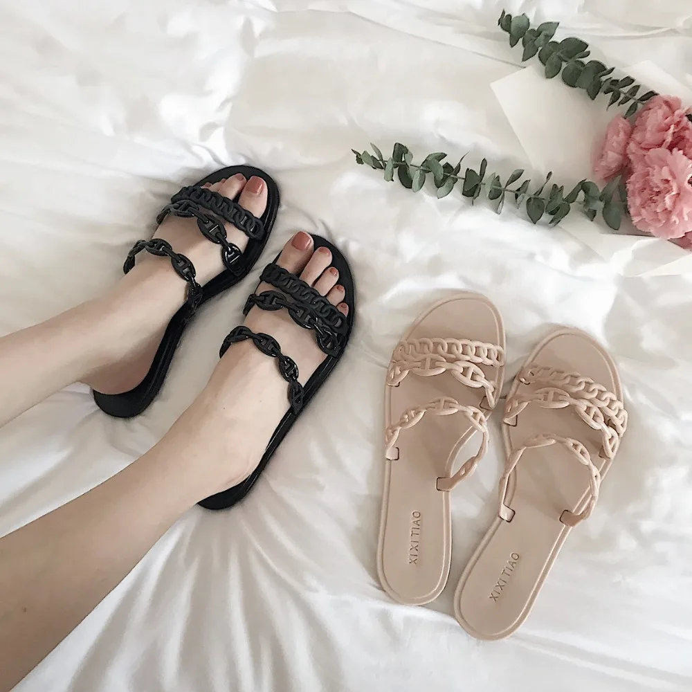 

Foldable Pvc flats pantuflas mujer ladies beach summer cut out slippers famous brand women shoes pig nose chain slides flipflops
