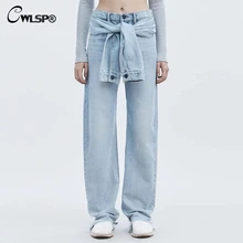 CWLSP галстук спереди широкие брюки женские с низкой талией свободные длинные джинсы Уличная джинсовые брюки calca прямые джинсы feminina QL4190