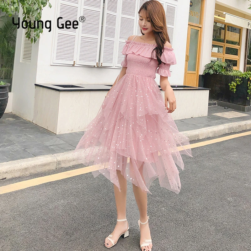 Young Gee, женское летнее милое асимметричное платье с оборками, романтическое платье с вырезом лодочкой, платья для вечеринок в стиле рокабилли