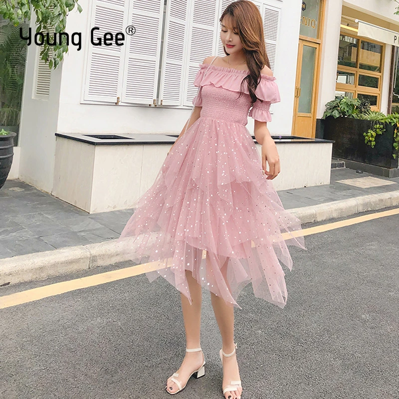 

Young Gee Women Summer Sweet Ruffles Layers Asymmetrical Dress Vestidos Romantic Slash Neck Evening Party Rockabilly Dresses