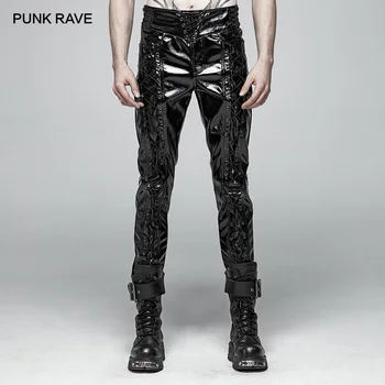

PUNK RAVE Men Punk Pants Glossy Patent-Leather Black Trousers Fashion Motorcycle Steampunk Gothic Performance Clothing Pants Men