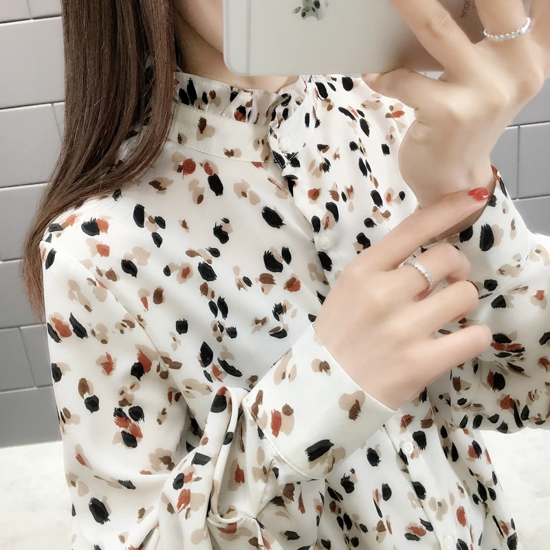 2019 De Color 10641 Flor Camisa 45 caramel White Nueva Alto Primavera Semi cuello Loto Triturado Hoja qtrH4gq