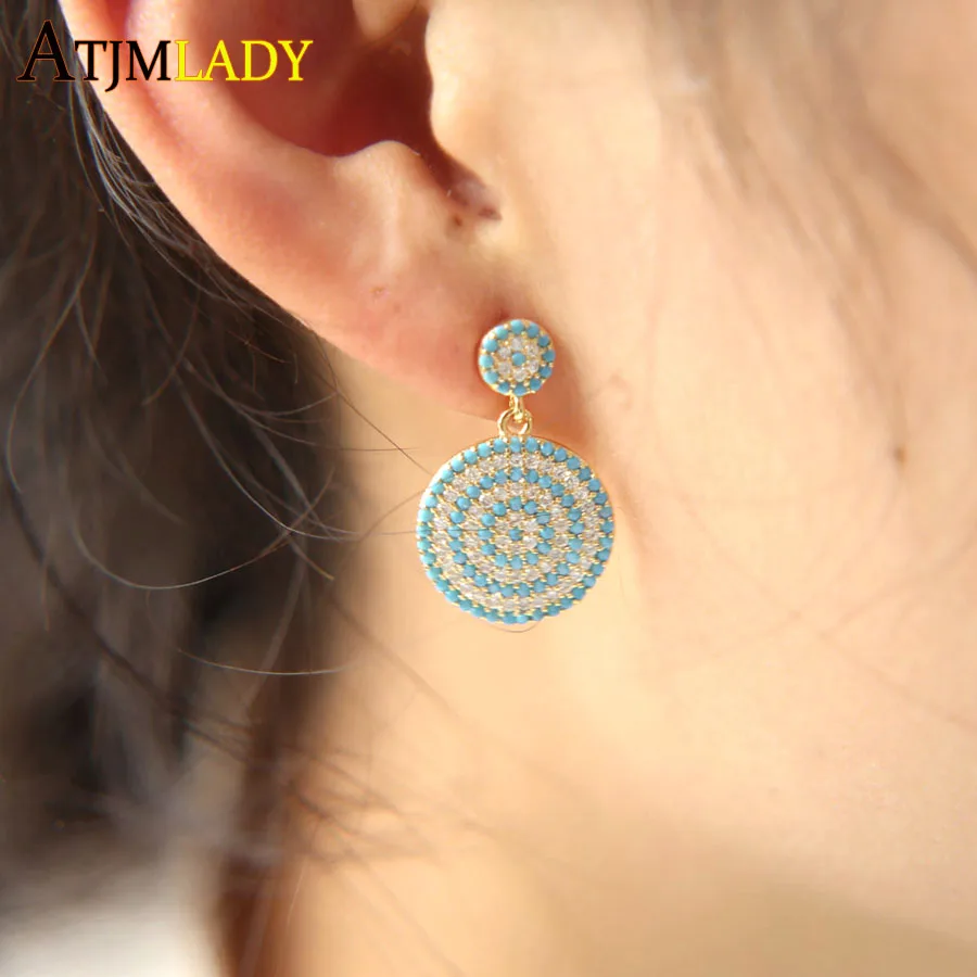 

Brinco Earings 2018 Round Pendant Charm Design Imitation Turquoises Earring Fashion Delicate Micro Pave Women Jewelry Earrings
