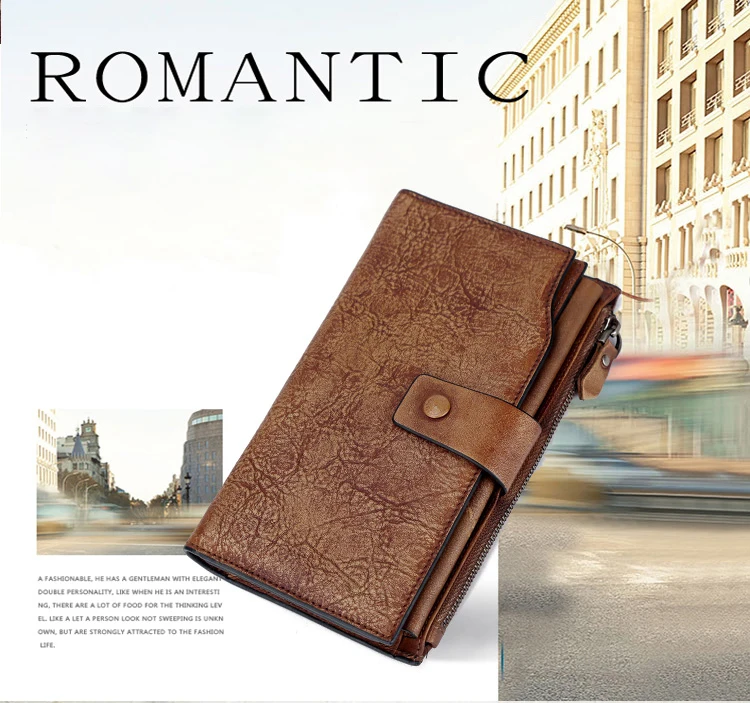 Men Vintage Genuine Leather Purses Male Cards Organizer Cell Phone Clutch Bags New Design Boy Long Coffee Coin Wallets 1618