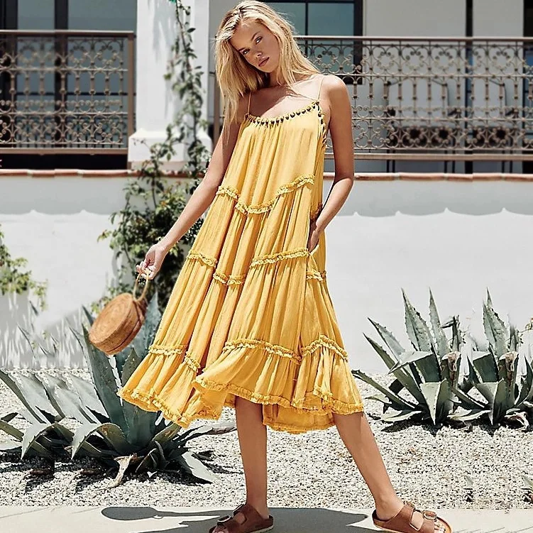 

Pure Color Beach Woman Dress 2019 Spring Summer Bohemian Spaghetti Strap Boho Maxi Dresses Summer Long Vestido