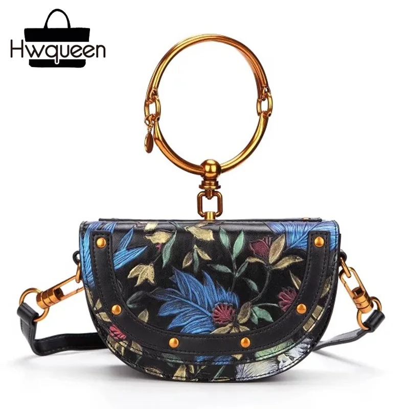 

Luxury Semicircle Designer Genuine Leather Lady Saddle Purse Metal Bracelet Handle Women's Handbag Female Embossed Shoulder Bag