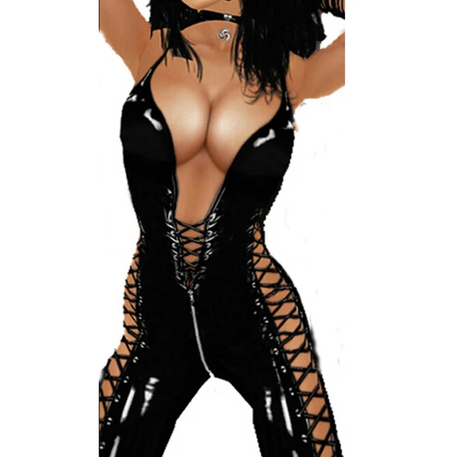 Disfraz Sexy para mujer de cuero de PVC, mono de látex con entrepierna abierta y cremallera, lencería erótica traje de gata frontal a posterior, ropa para discoteca con cordones Disfraz Sexy para mujer de cuero de PVC, mono de látex con entrepierna abierta y cremallera, lencería erótica traje de gata frontal a posterior, ropa para discoteca con cordones
