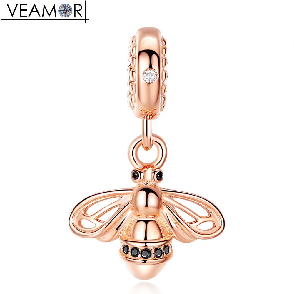 

VEAMOR Rose Gold Color Honeybee Dangle Charms Fit Pandora Original Charm Bracelets 925 Sterling Silver Queen Bee Pendant Beads