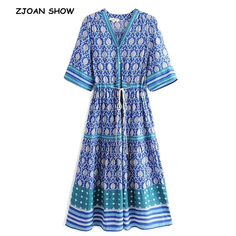 

2019 BOHO Deep V neck Open Buttons Blue Floral Long Dress Ethnic Woman Spliced Hollow Out lacing up Half Sleeve Swing Dresses