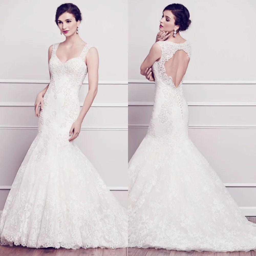 

2019 New V-Neck Mermaid Straps Lace Bridal Wedding Gown Floor Length Wedding Dress Bridal Gown Backless Sleeveless Pearled F777