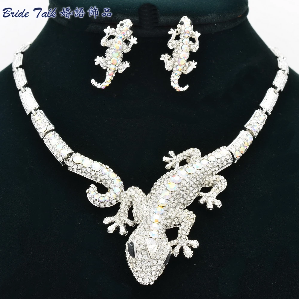

New Jewelry Sets Animal Accessories Clear Gecko Lizard Necklace Earring Sets with Rhinestone Crystals FA3274