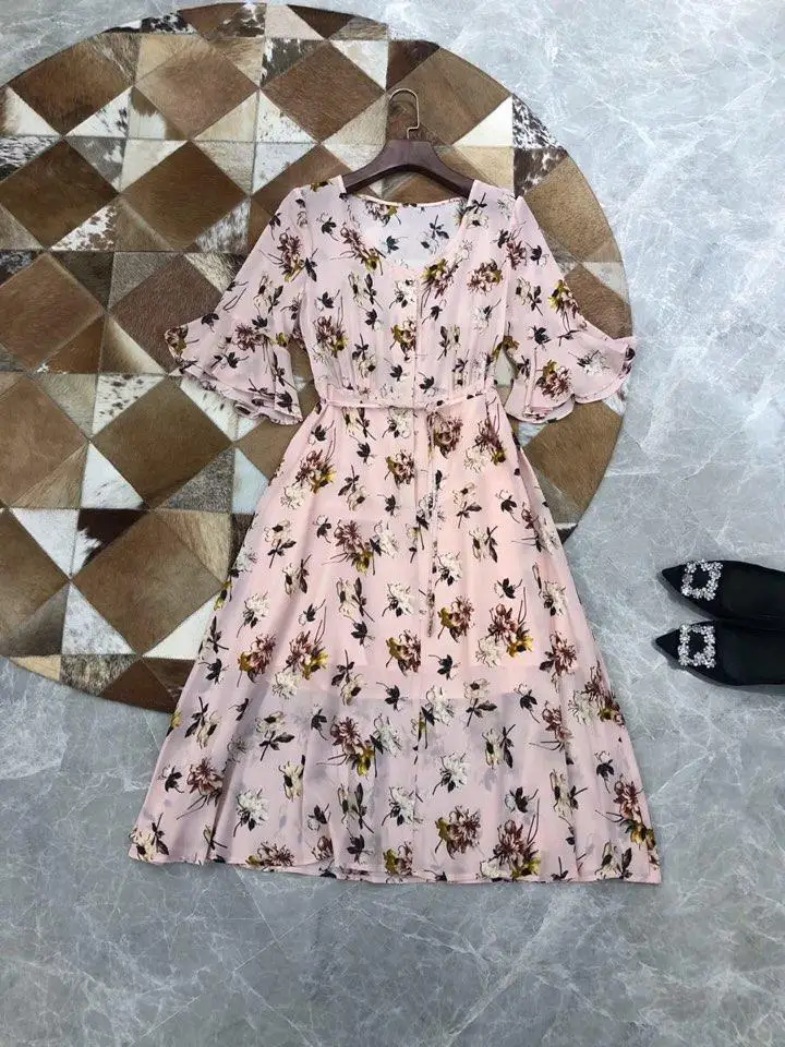 2019 new ladies fashion sleeves round neck tie printed silk dress 0604