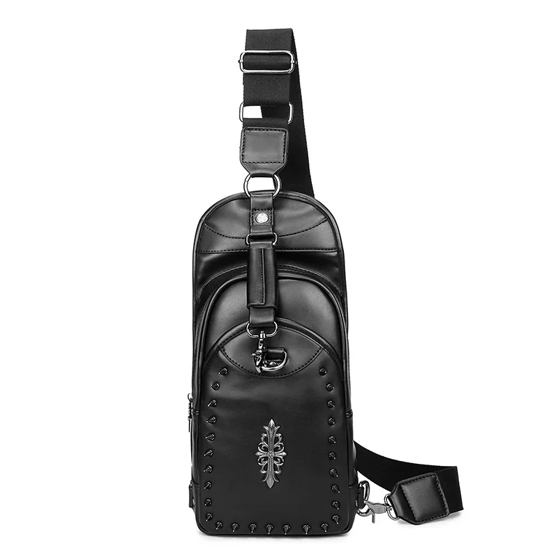 

steelsir 2018 New Male Tiding Black Fashion Rivet Chest Bag Mens Spring Summer Travel Messenger Bags PU Leather Handbags