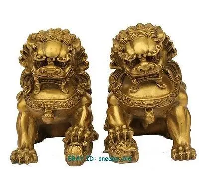 

Large brass Small Large Pair Bronze Chinese Lion Foo Dog Statue Figure Sculpture Gold Color 6.5"H Decoration 100% Brass Bronze