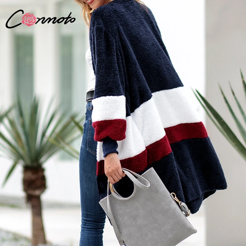 remarkable  Conmoto Faux Fur Flannel Winter Thin Coat Women Long Sleeve Cardigan Striped Colorblock Coats and J