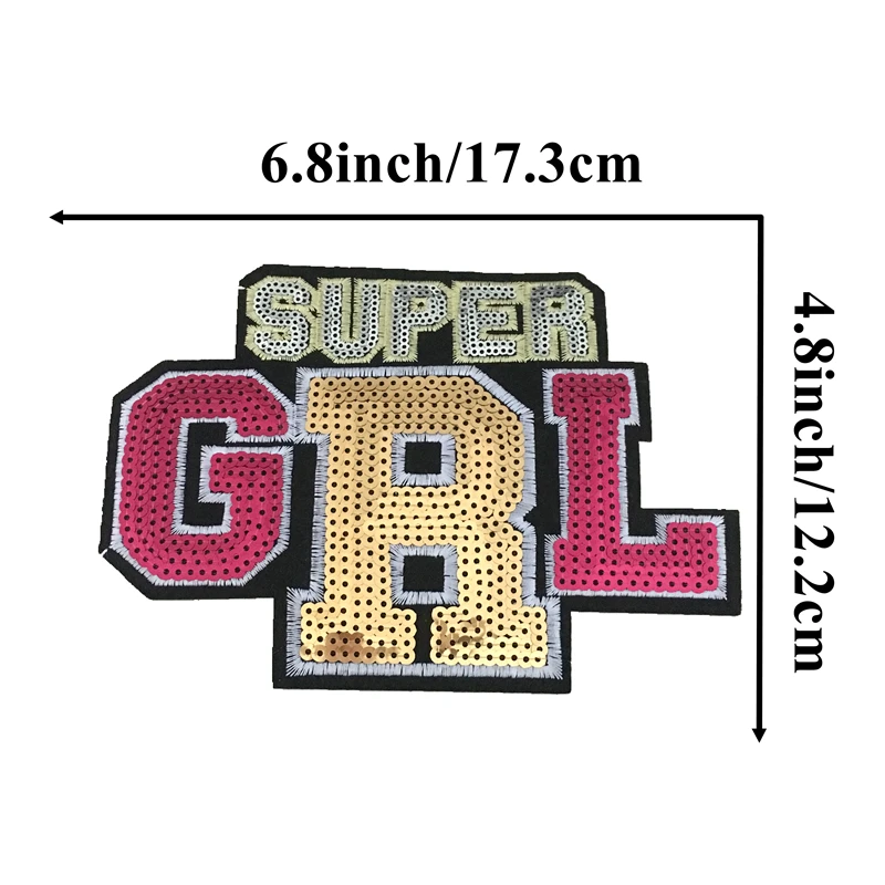 

New Arrival SUPER GIRL Iron on Patches for Clothing Letters Sequined Embroidery Applique Patch Sewing DIY Decoration 5pcs/lot