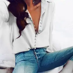 2018 Для женщин офисные элегантные топы Повседневное Твердые Кнопка с лацканами одежда с длинным рукавом Блузка # AM19