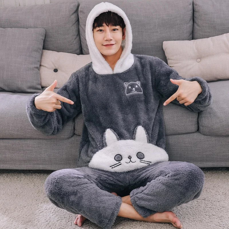 2019 Flannel Couples Plush Pajamas Set Winter Thicker Hooded Men Pyjama Set Long Pants Cat Animal Cartoon Printed Pijamas hombre 2019 Flannel Couples Plush Pajamas Set Winter Thicker Hooded Men Pyjama Set Long Pants Cat Animal Cartoon Printed Pijamas hombre