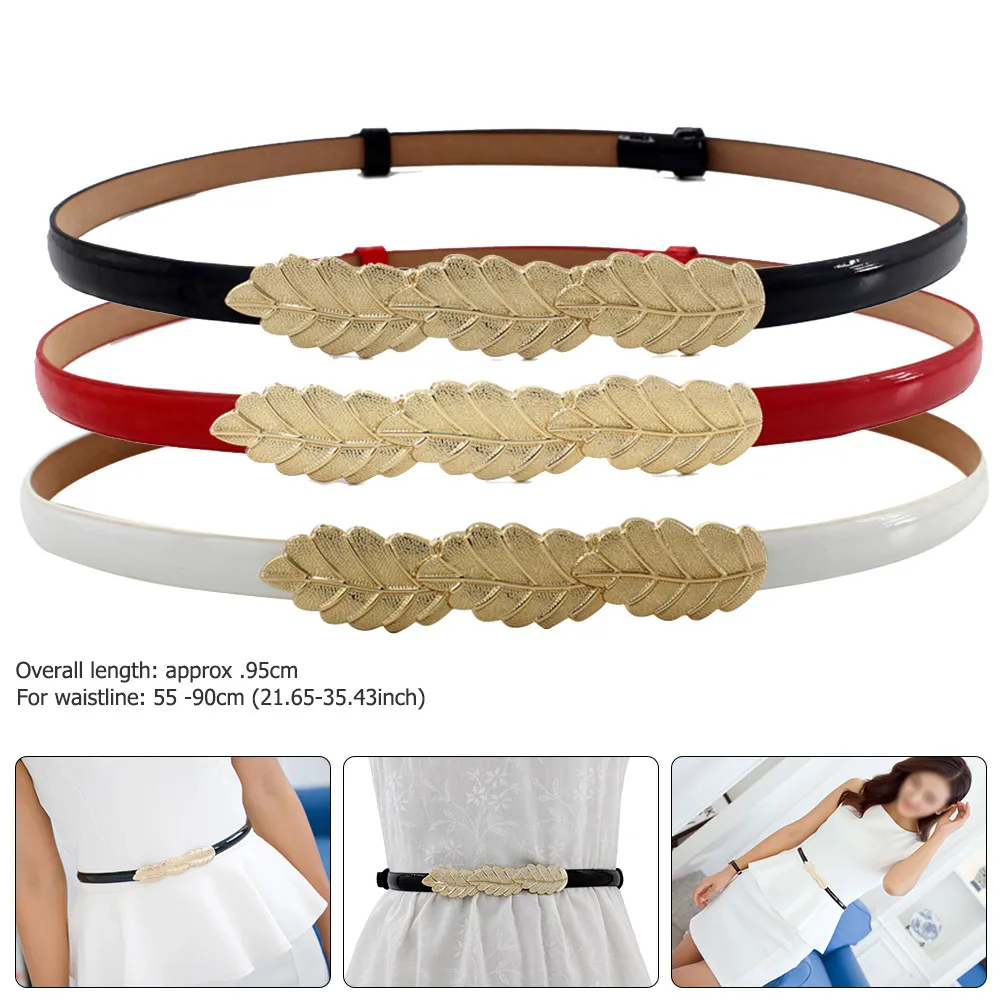 

Fashion Skinny Adjustable Belt Gold Leaf Hasp Decoration Belt PU Leather Thin Girdle Women Minimalist Waistband For Dress Shirt