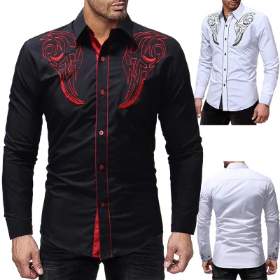 2018 Autumn New Hot Men's Shirt Totem Embroidery Men's Casual Slim Long Sleeve Shirt Solid Color Print Long Sleeve Shirt