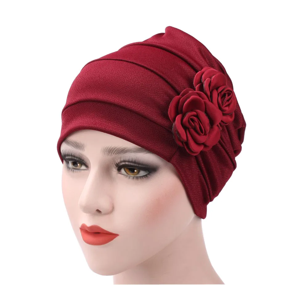 

Women Flower Muslim Hair Cap Hat Cancer Elastic Fashion Chemo Hot Cotton Head Wrap Solid Color Hat