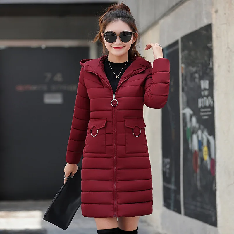 Новое поступление, Женская длинная куртка с большим шерстяным воротником и хлопковой подкладкой, зимняя куртка большого размера, хлопковая одежда, пуховик 8805 - Цвет: Бургундия